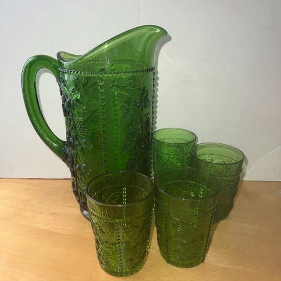 Early American Pattern Glass Other - Vintage California Beaded Grape Pressed Green Glass Pitcher and 4 Glasses 8oz